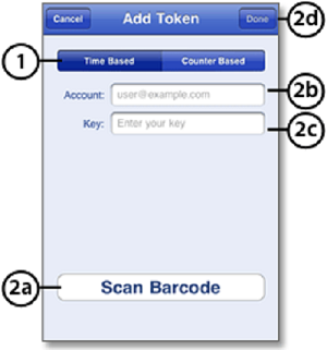 screenshot of Google Authenticator iOS app Add Token screen with added labels