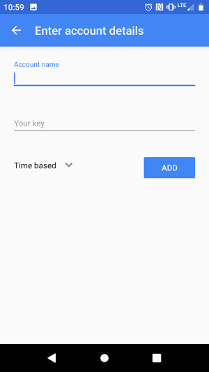 screenshot of Google Authenticator Android app Enter Account Details screen