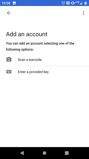 screenshot of Google Authenticator Android app Add an Account screen