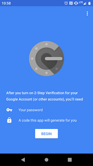 screenshot of Google Authenticator Android app setup screen
