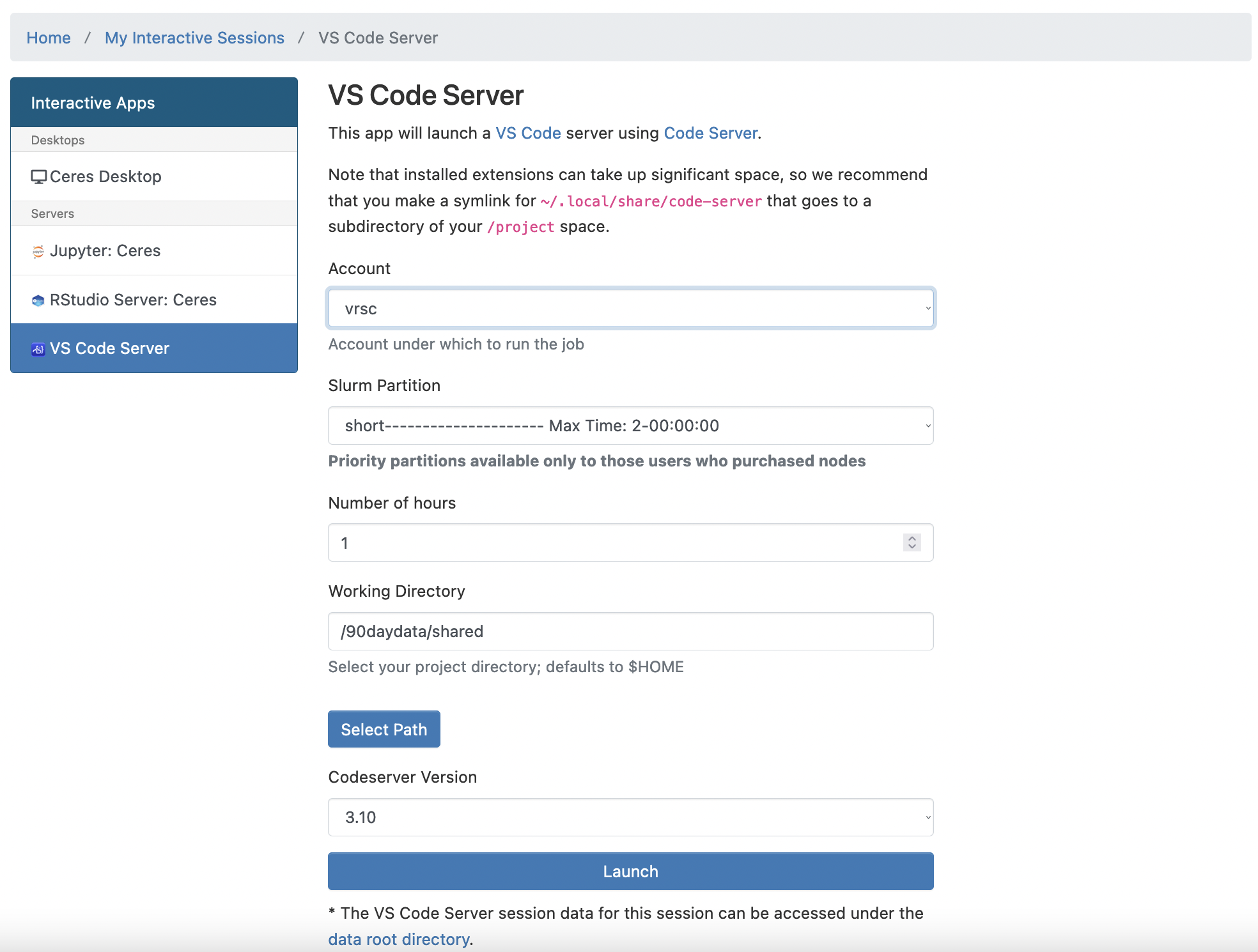 screenshot of Open OnDemand Ceres interactive apps configuration page