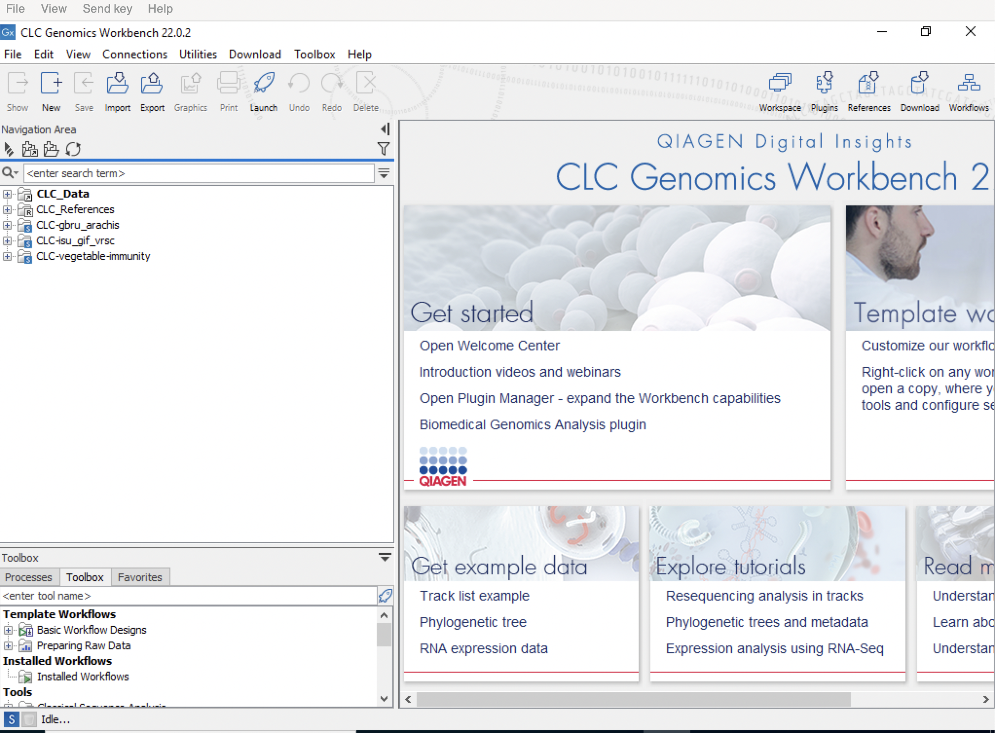 screenshot of CLC Genomics Workbench 22.0.2 software homescreen
