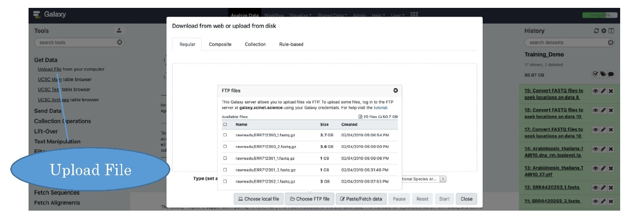 screen shot of galaxy tool to download or upload data