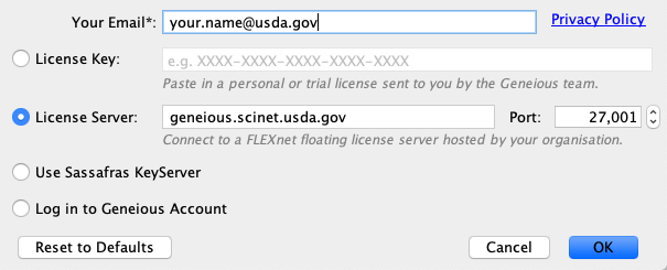 screenshot of Geneious software Enter Your License Details screen