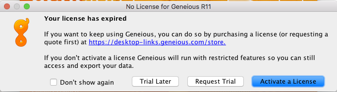 screenshot of Geneious software No License for Geneious R11 popup