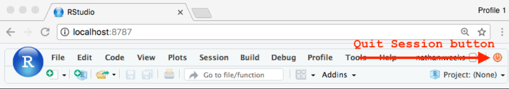 screenshot of the Quit Session power button in RStudio