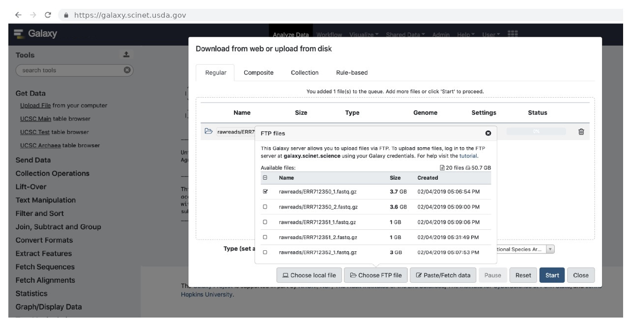 screen shot of galaxy tool to download data from ftp