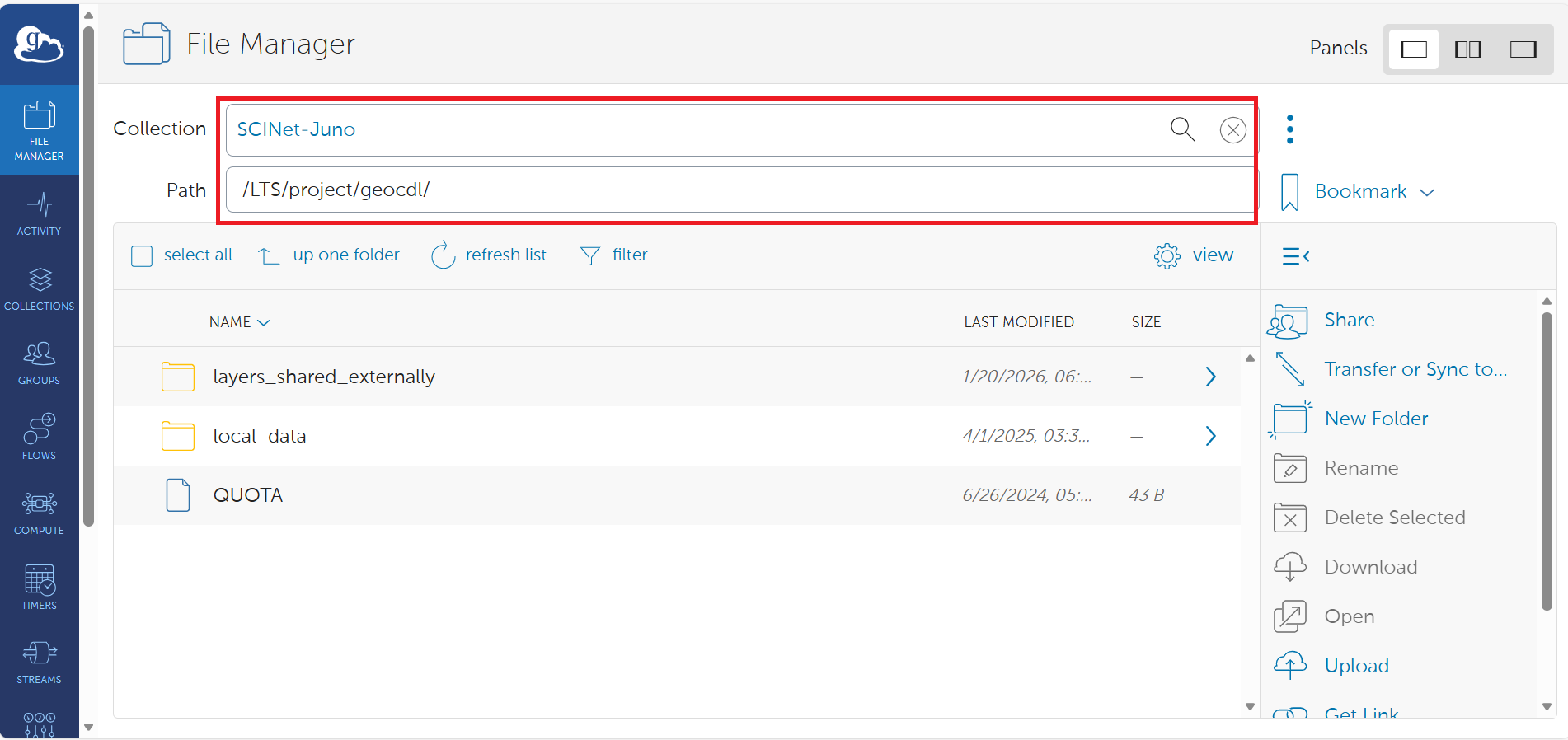 Screenshot of Globus File Manager with collection selected