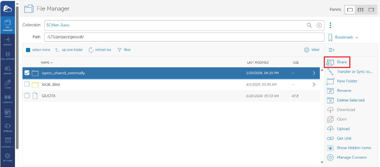 Screenshot of share button highlighted in the Globus selection menu