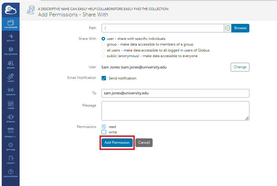 Add permission form with selection filled out