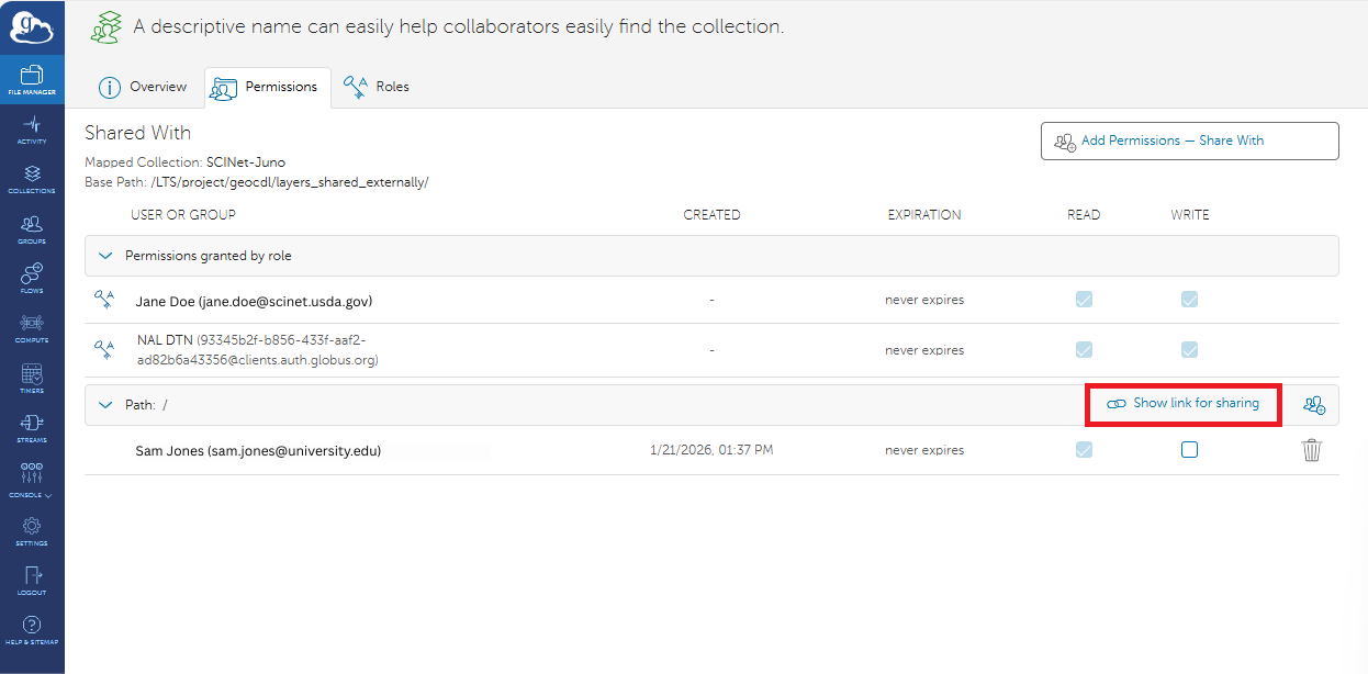 Click the show link for sharing button to get the collection URL