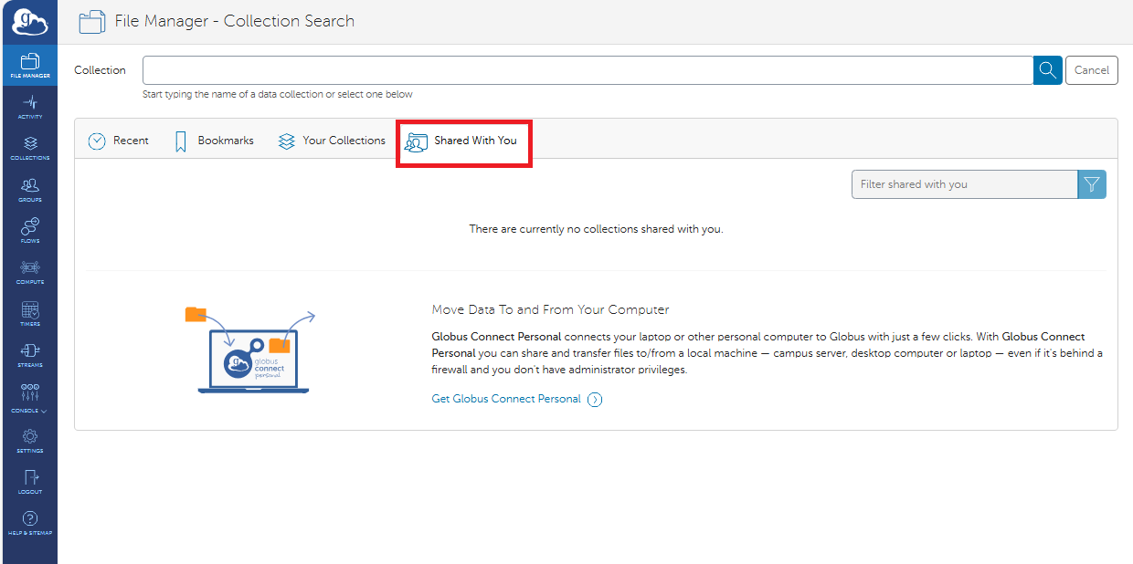 Shared with you tab under collection search in Globus File Manager