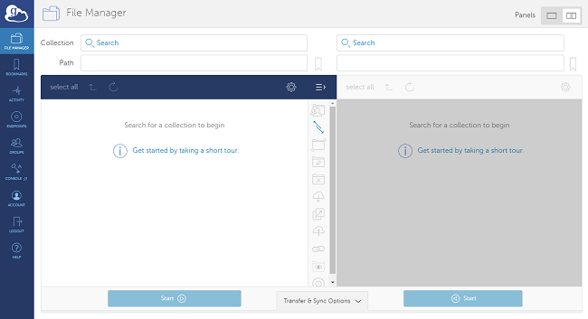 Globus online homescreen showing two panels