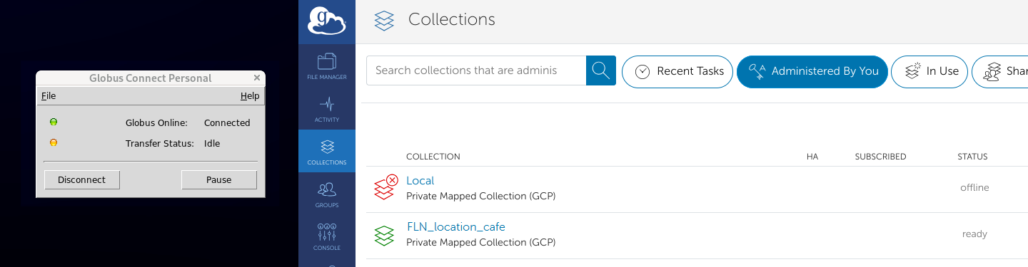 Screenshot of GCP and Globus interface with connected status