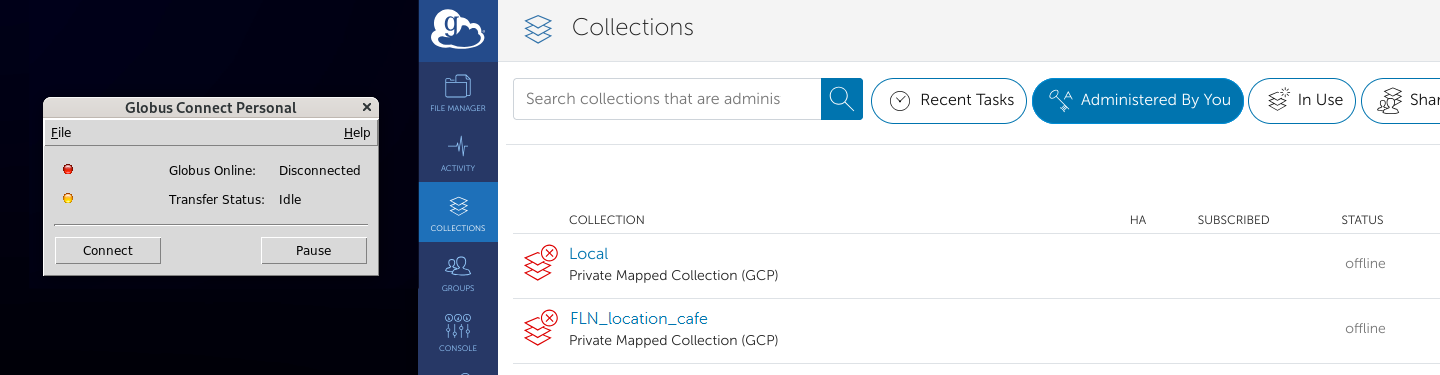 Screenshot of GCP and Globus interface with disconnected status