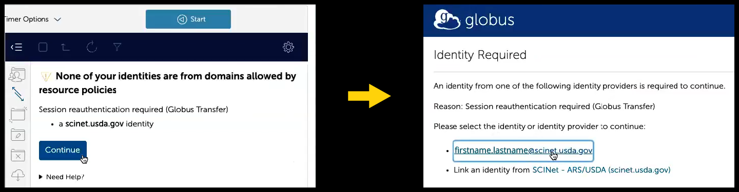 If prompted, click Continue and then your SCINet-associated identity