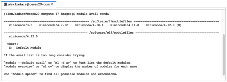 screenshot of conda modules in Terminal on Ceres