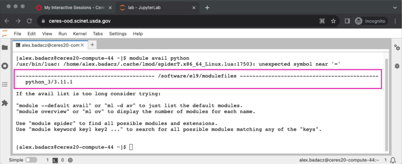 screenshot of python modules in Terminal on Ceres